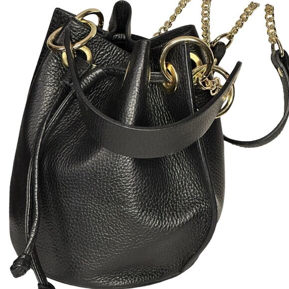 NWOT Bkack leather and Rand gold mini bucket crossbody  bucket  bag - Picture 1 of 5